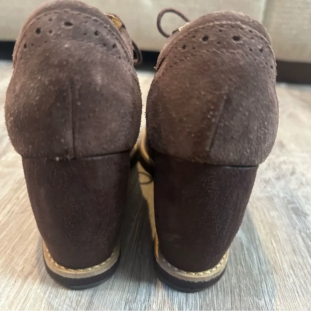 DR. SCHOLLS Bootie Women 7.5 Apex Wedge Ankle Lace Up Brown Leather‎ Suede
